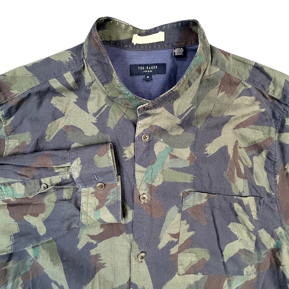 Ted Baker London Mens Size 6 Camouflage Print Band Collar Button Down Shirt